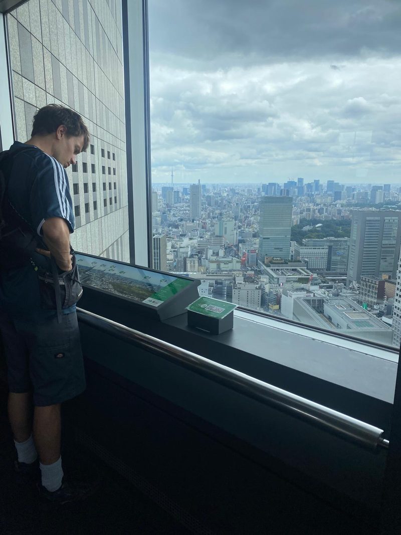 Een man bekijkt vanaf een uitkijkpunt de skyline van Tokyo onder een bewolkte lucht