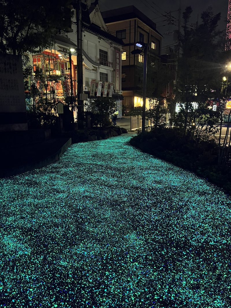 Een pad bedekt met lichtgevende steentjes in het donker, met verlichte gebouwen op de achtergrond